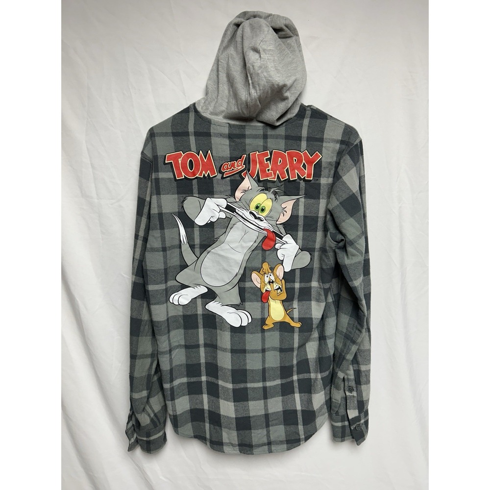 Tom & Jerry VTG Looney Tunes Flannel Hoodie Shacked Mad Engine Gray Plaid Small